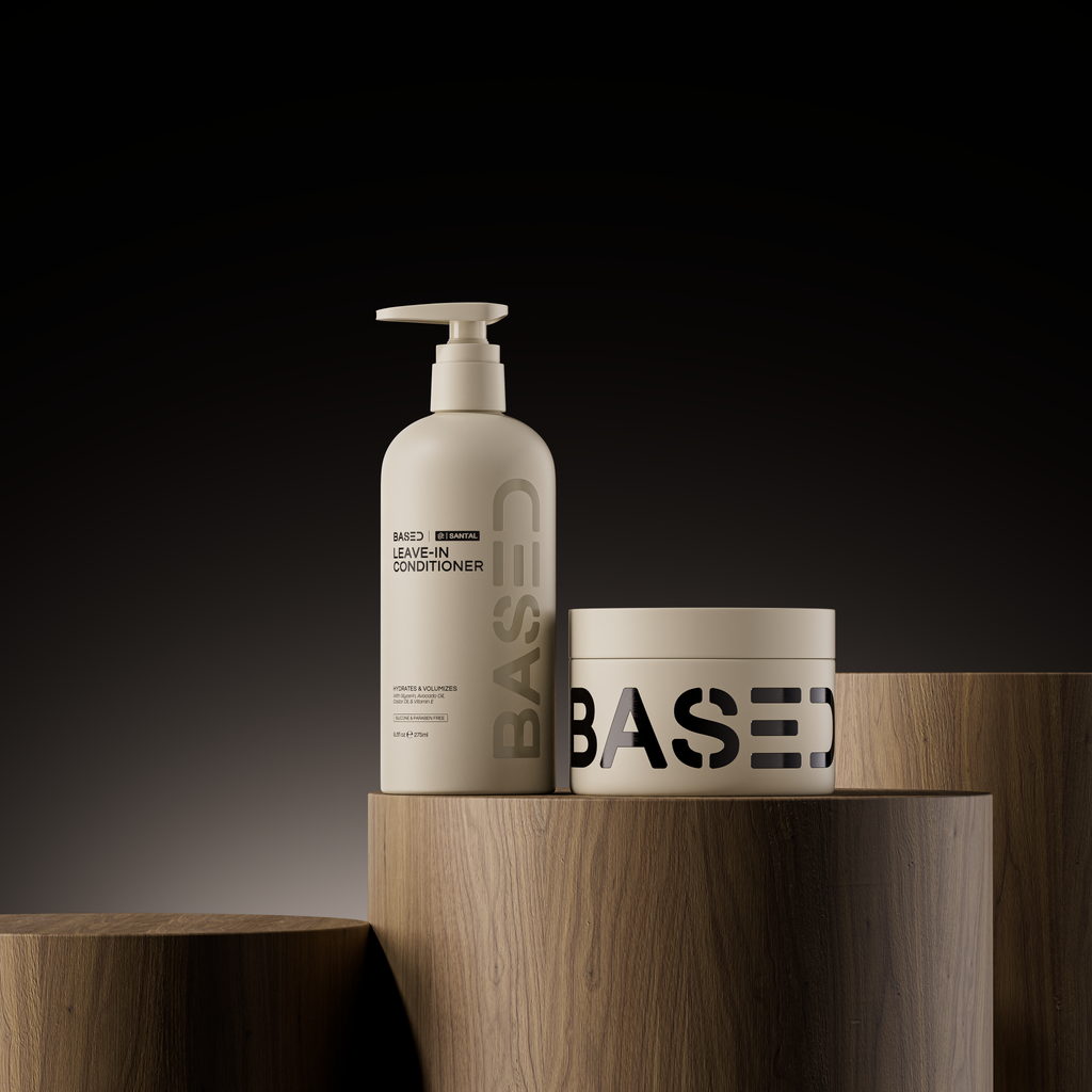BASED Hydration & Hold Duo on wooden plinths