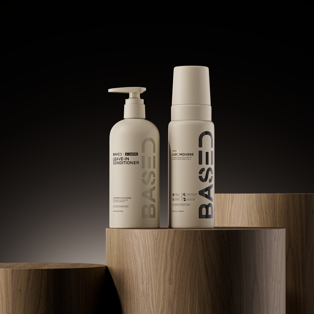 BASED Hydration & Volume Duo on wooden plinths
