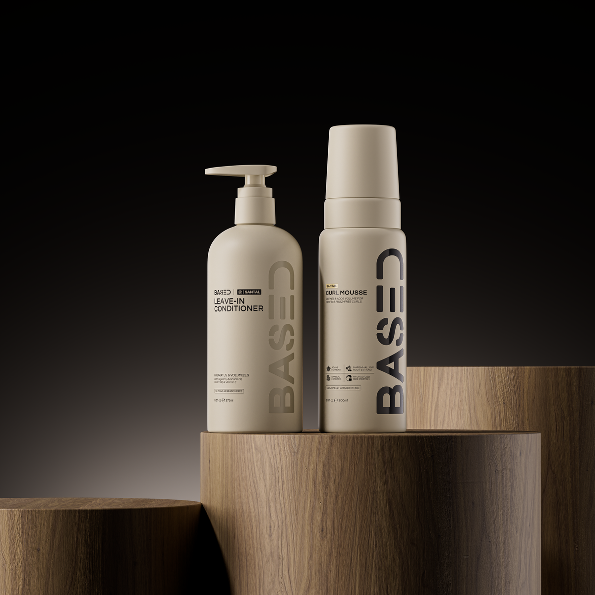BASED Hydration & Volume Duo on wooden plinths